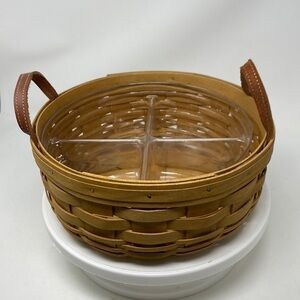 𝅺LONGABERGER round double leather handle basket with four-way divider protector